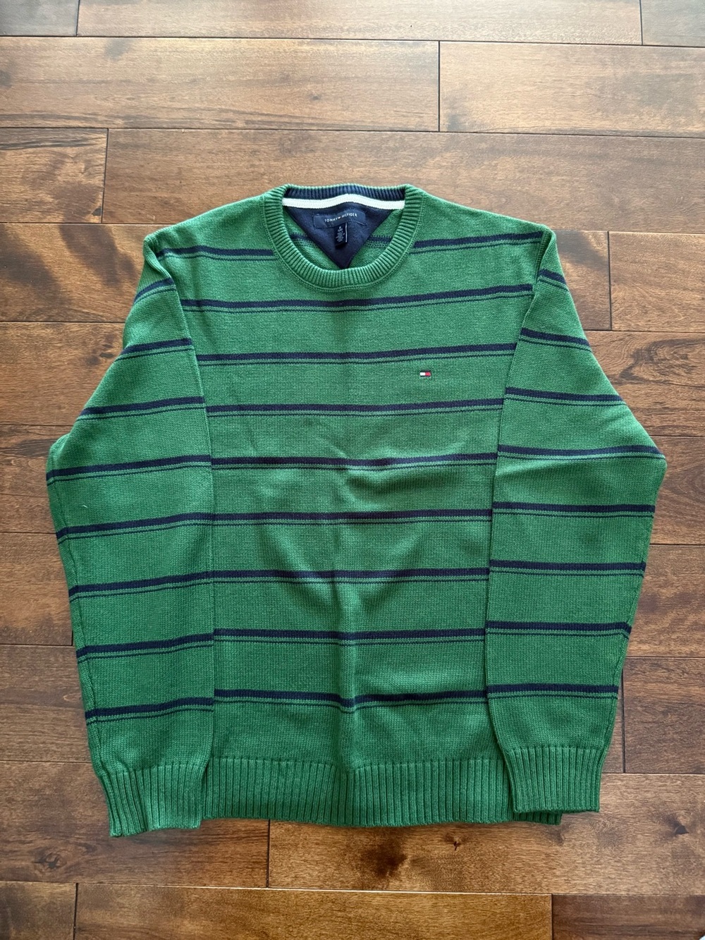 Tommy Hilfiger Green Crewneck Sweater with Navy Stripes